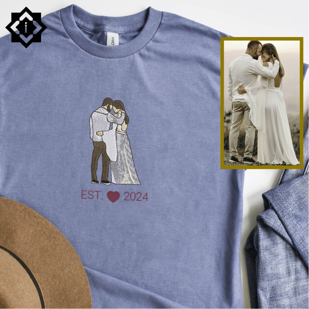 Custom Embroidered Wedding Outline Portrait from Your Photo, Wedding Gift Sweatshirt, T-Shirt, Hoodie view 3