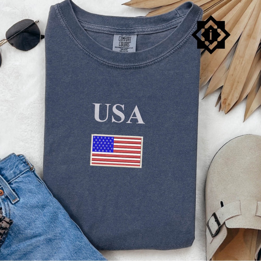 Comfort Colors US Flag Patriotic T-Shirt, Sweatshirt, Embroidered USA Flag July 4th Shirt, United States of America Shirt view 2