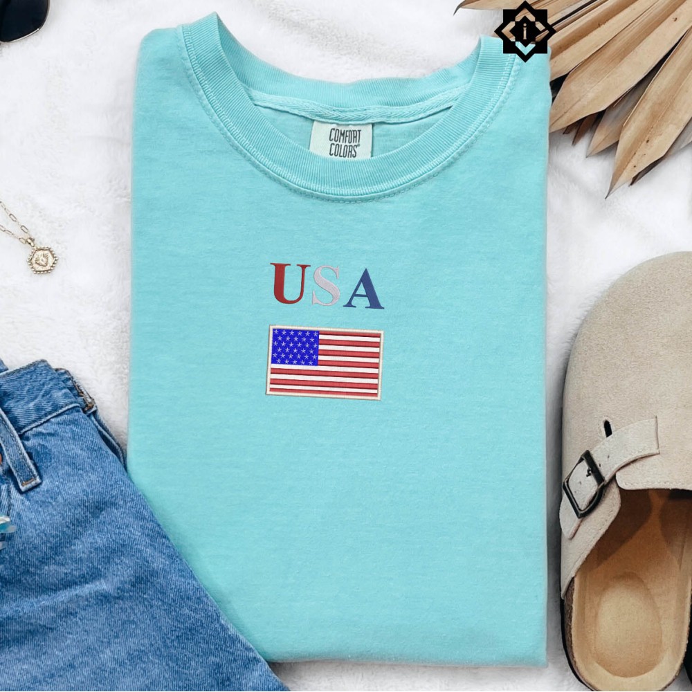 Comfort Colors US Flag Patriotic T-Shirt, Sweatshirt, Embroidered USA Flag July 4th Shirt, United States of America Shirt view 3