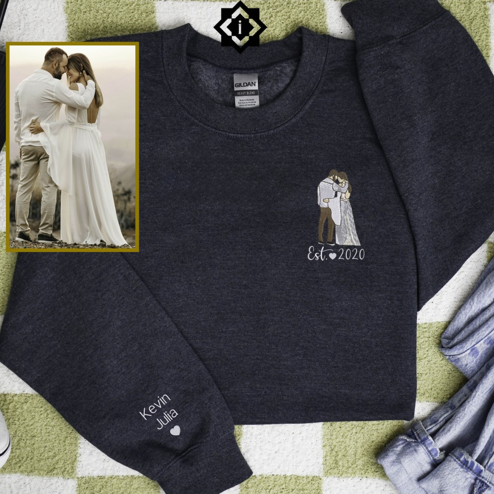 Custom Embroidered Wedding Outline Portrait from Your Photo, Wedding Gift Sweatshirt, T-Shirt, Hoodie view 2