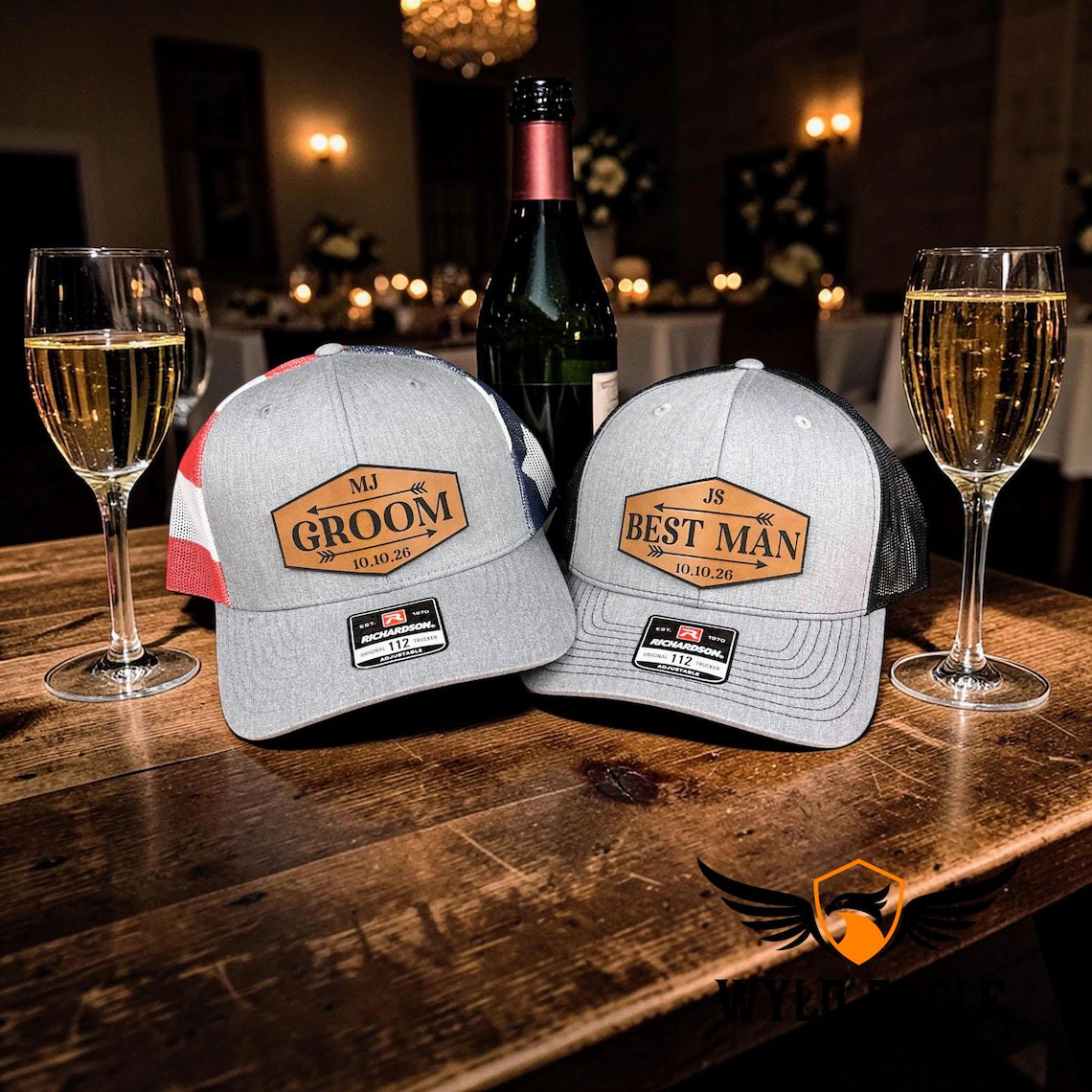 Custom Leather Patch Bachelor Party Hats, Groom & Best Man Trucker Hats