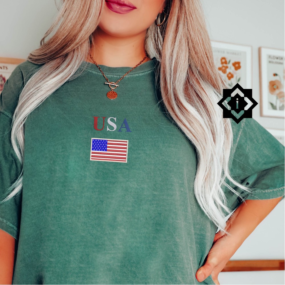 Comfort Colors US Flag Patriotic T-Shirt, Sweatshirt, Embroidered USA Flag July 4th Shirt, United States of America Shirt