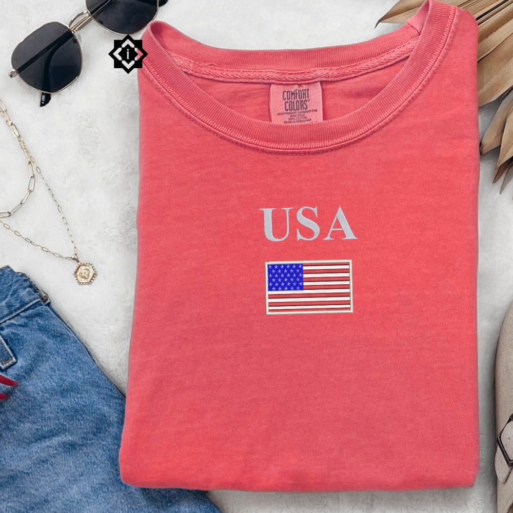 Comfort Colors US Flag Patriotic T-Shirt, Sweatshirt, Embroidered USA Flag July 4th Shirt, United States of America Shirt view 4