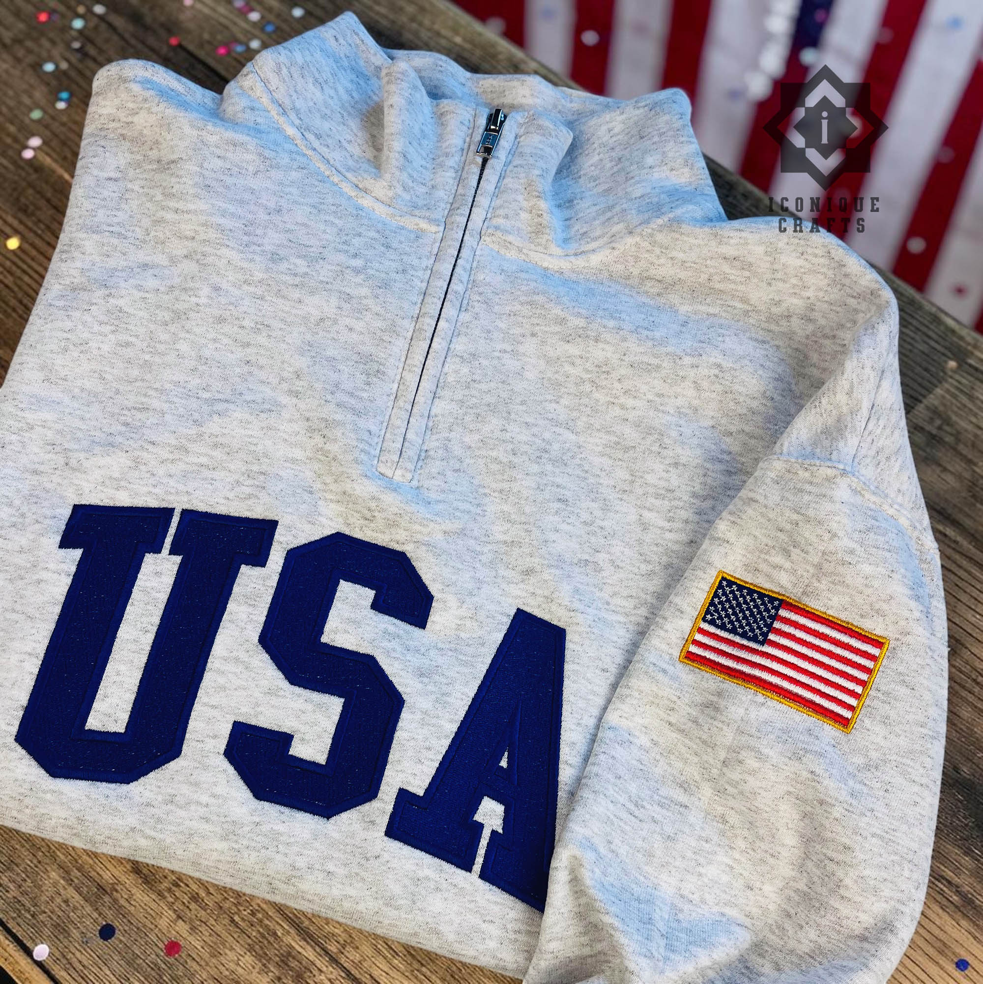 Embroidered USA Quarter Zip Sweatshirt, Retro Vintage USA Flag Shirt, USA Pride, Semiquincentennial Gift view 2